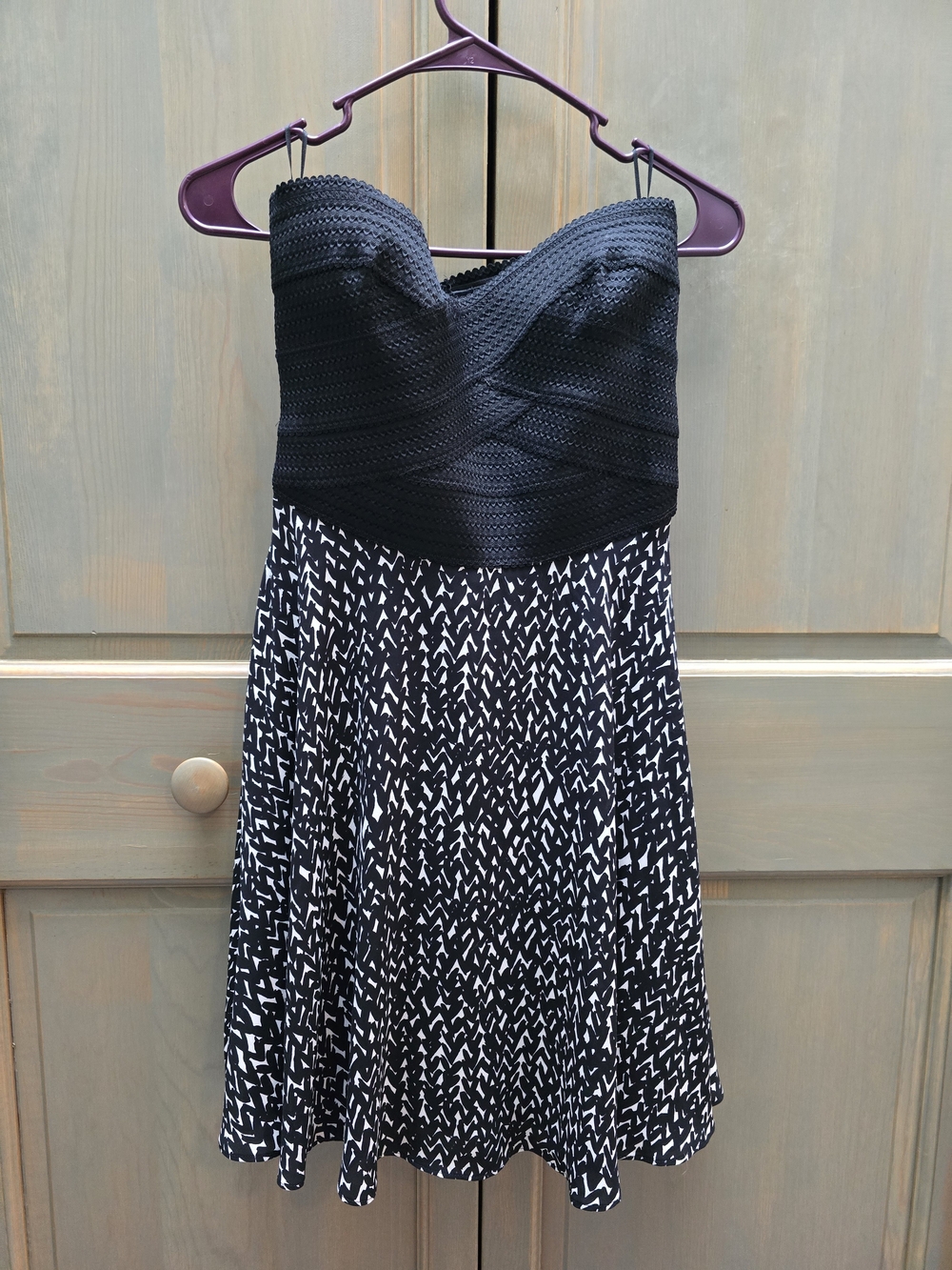 Express Strapless Black Bodice with White-Patterned Skirt Dress